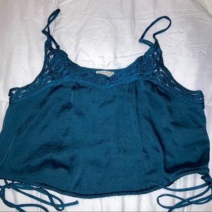 Blouson Teal Blue Satin Crochet Lace Cropped Top